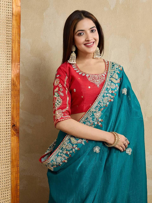 Teal Party Wear Fendy Chiffon silk Saree