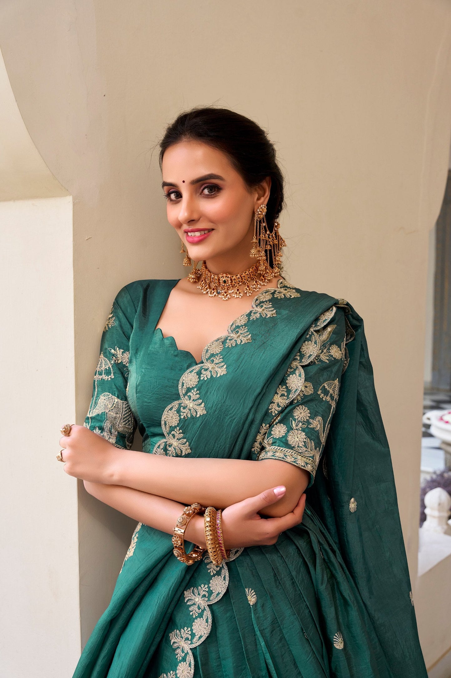 Teal Party Wear Gold Crush Lehenga