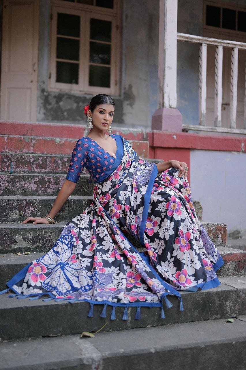 Traditional Floral Printed Sandy Silk Saree