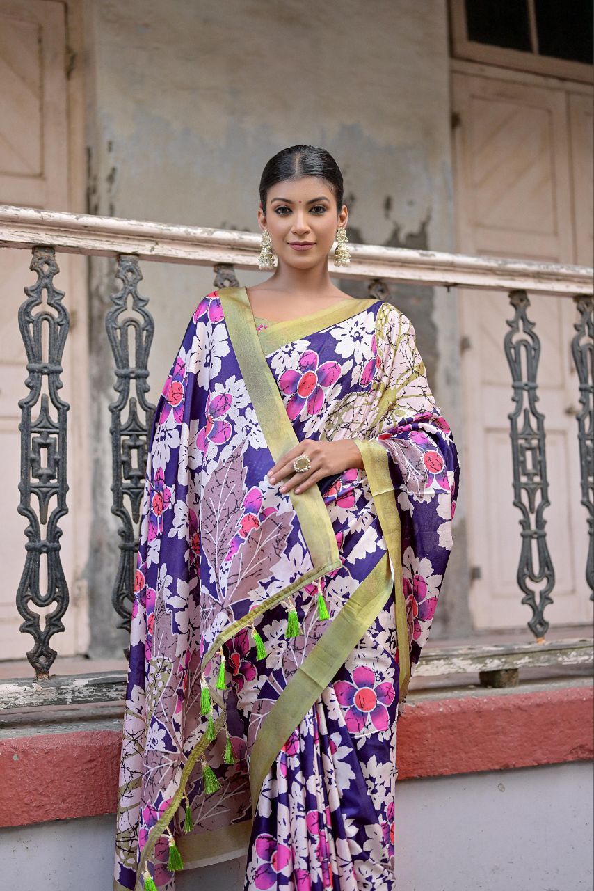 Traditional Floral Printed Sandy Silk Saree