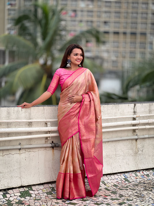 Peach Traditional Kanjivaram Tissue Pattu Saree