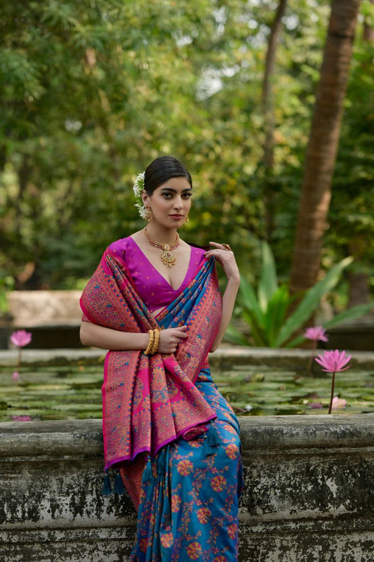 Venice Blue Wedding Wear Pashmina Silk Saree