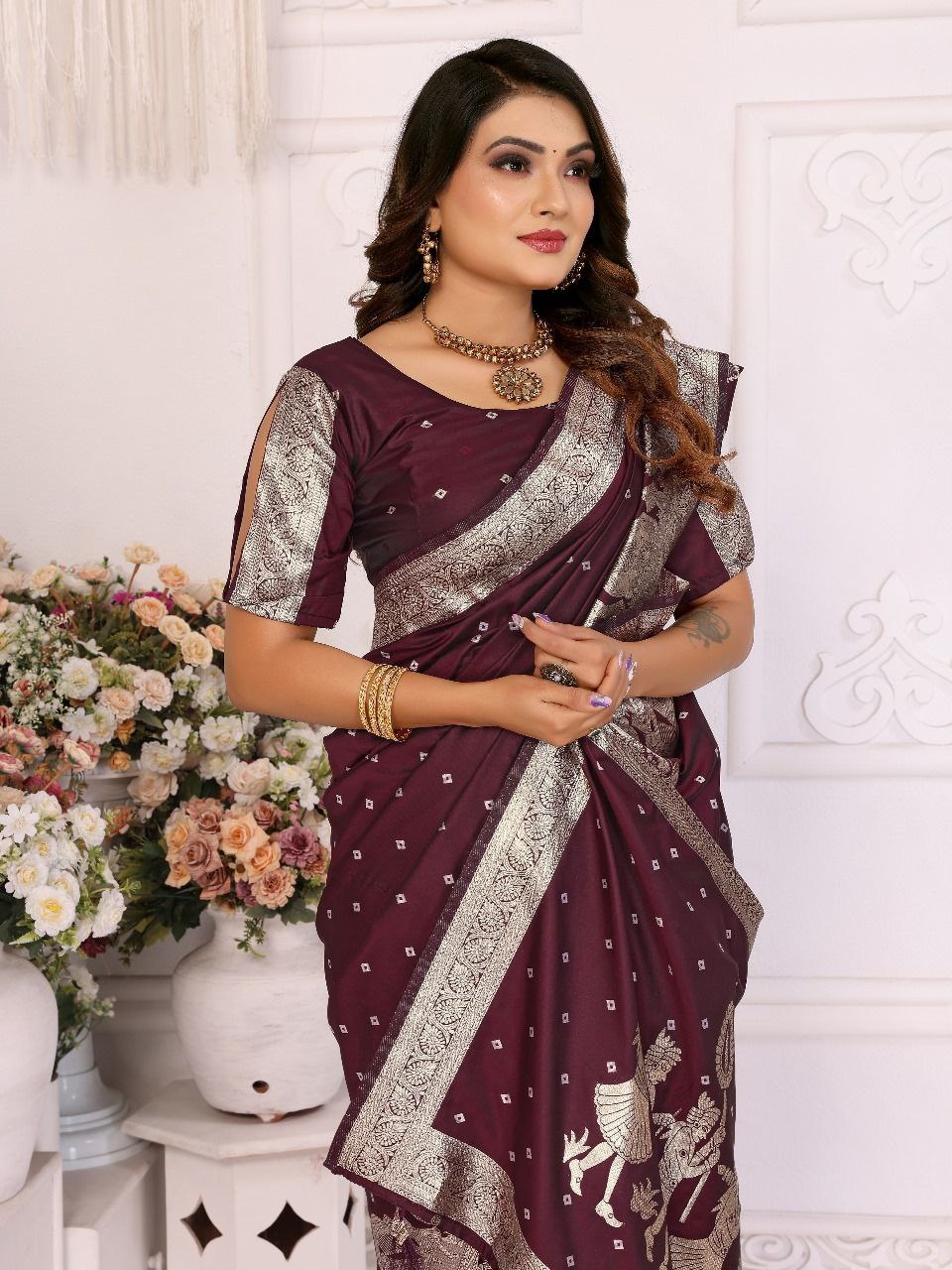 Wine Wedding Wear Kochi Silk Saree
