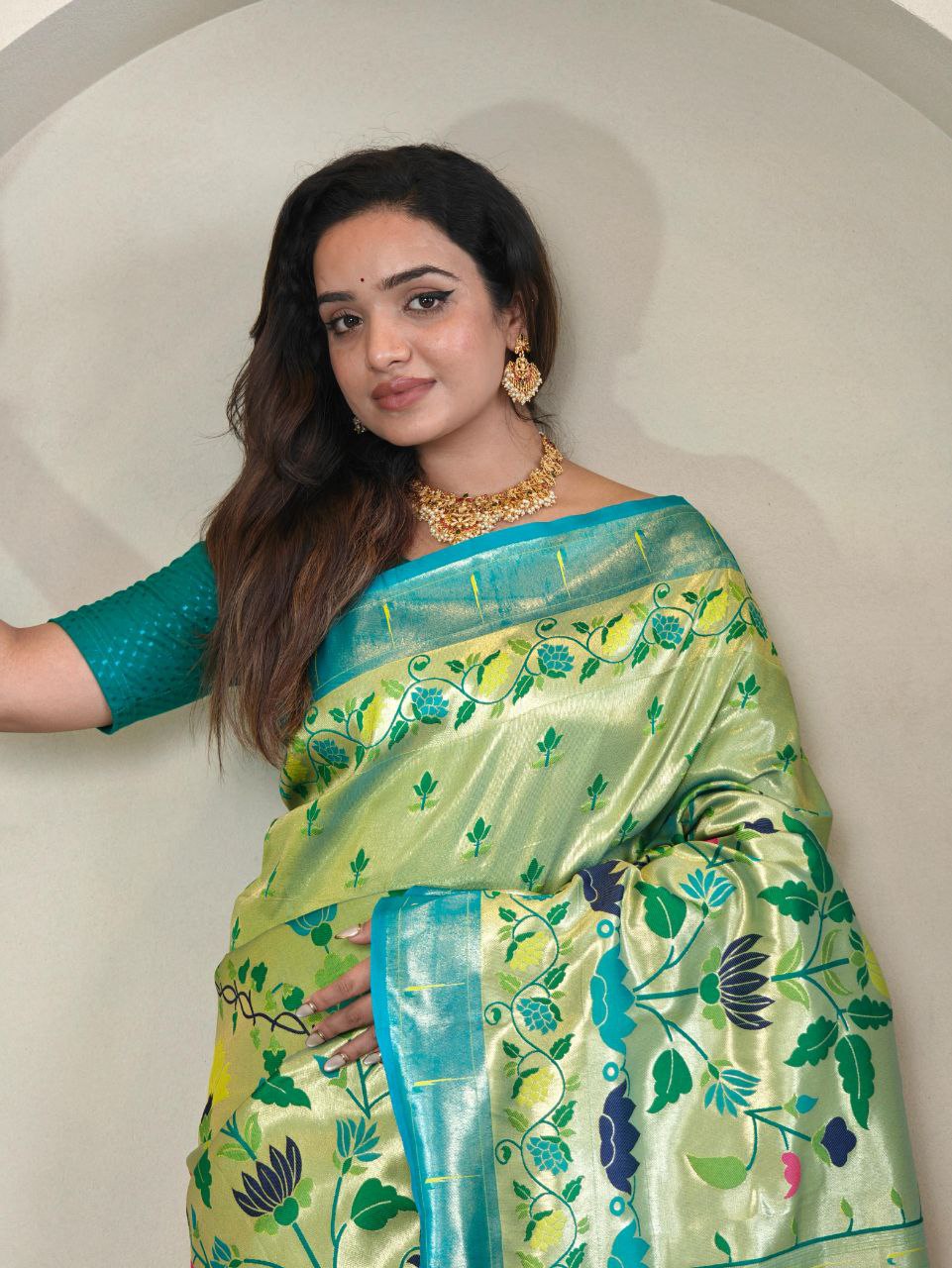 Wedding Wear Paithani Silk Saree In Pista Green