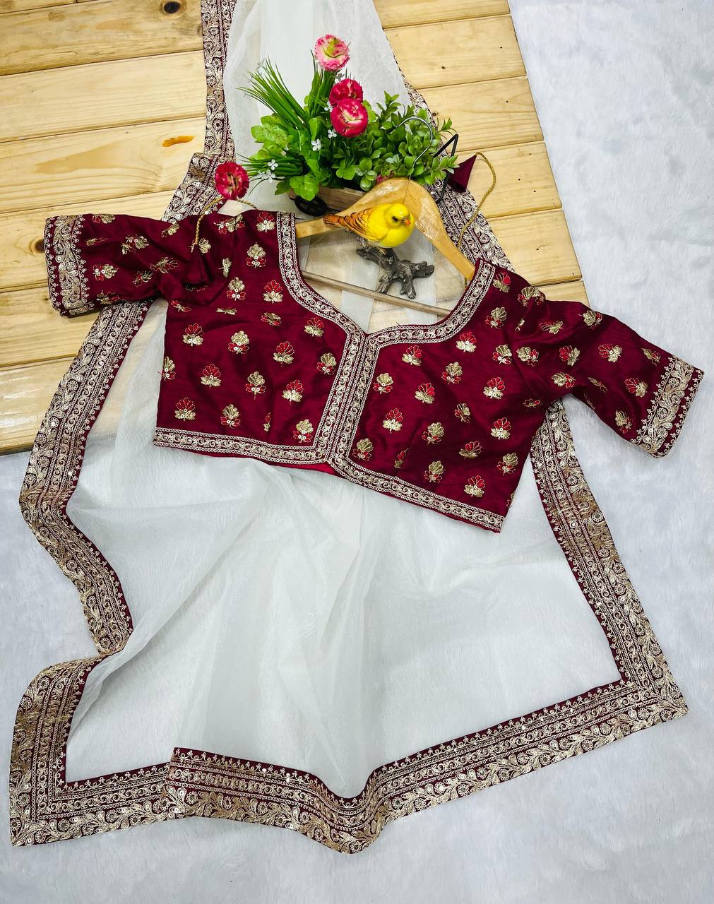 White Banarasi Crush Saree For Wedding