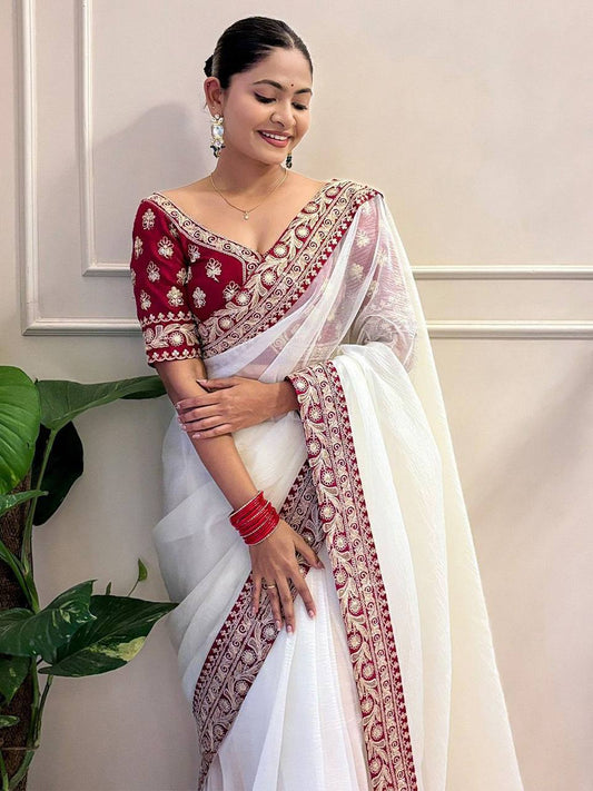 White Banarasi Crush Saree For Wedding