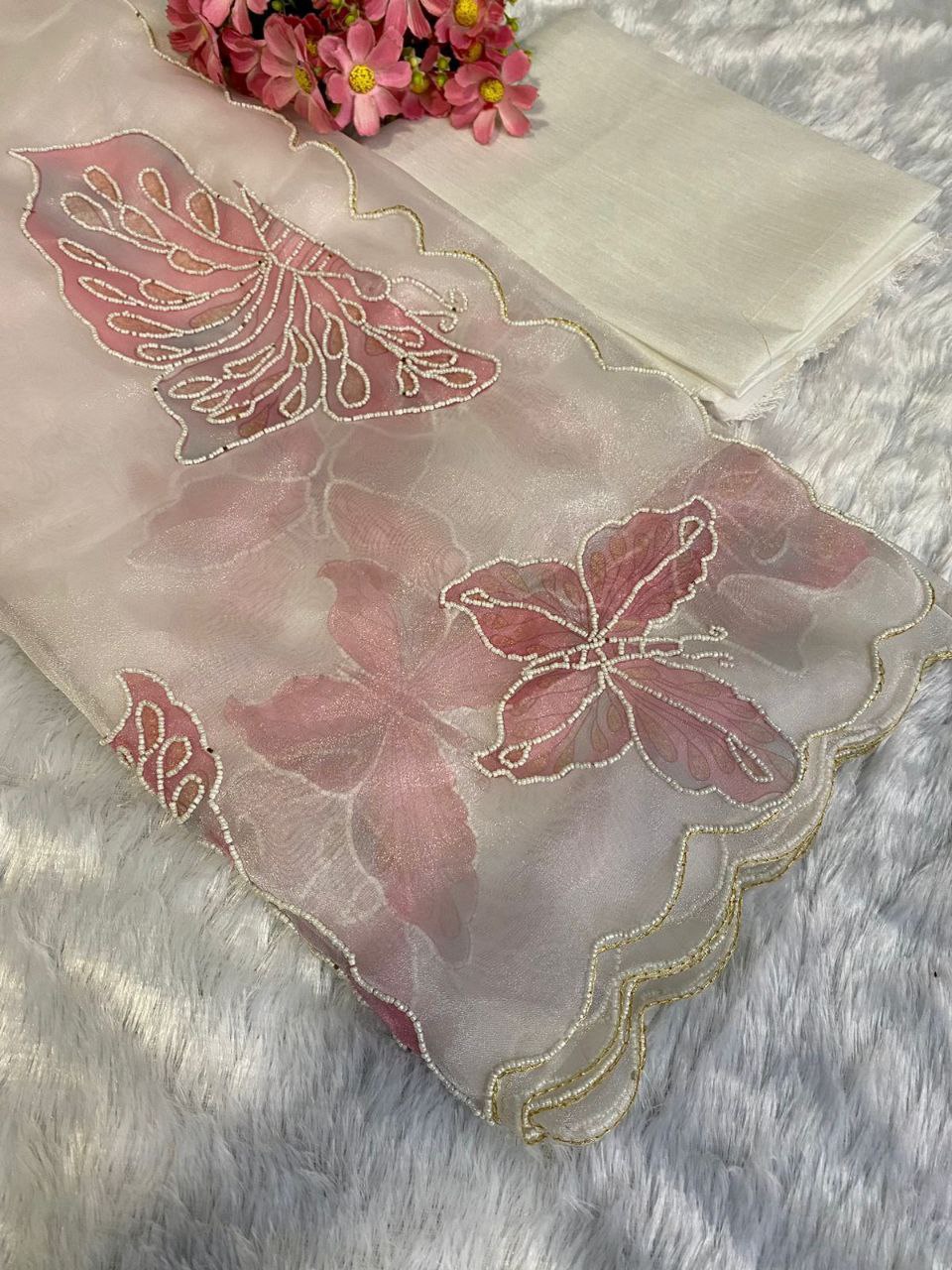 White Butterfly Printed Organza Saree