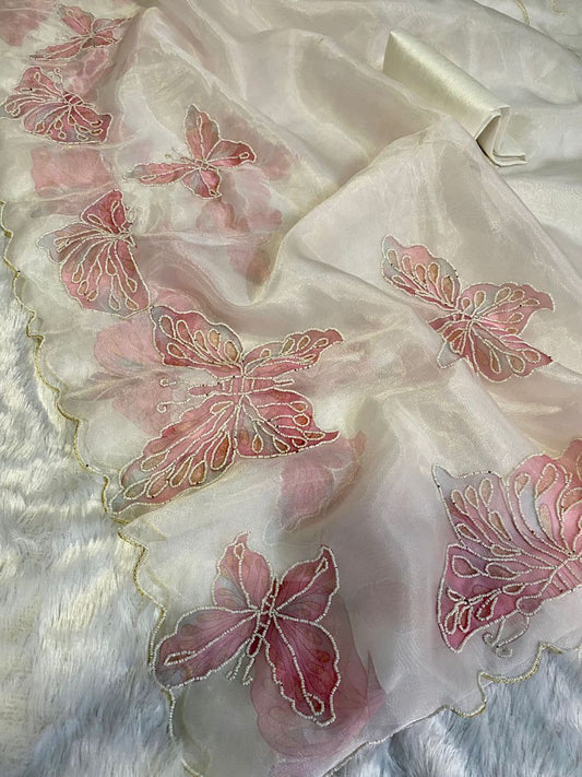 White Butterfly Printed Organza Saree