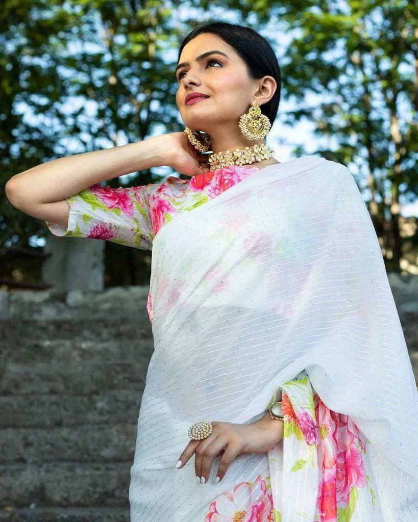 White Crochet Work Georgette Saree