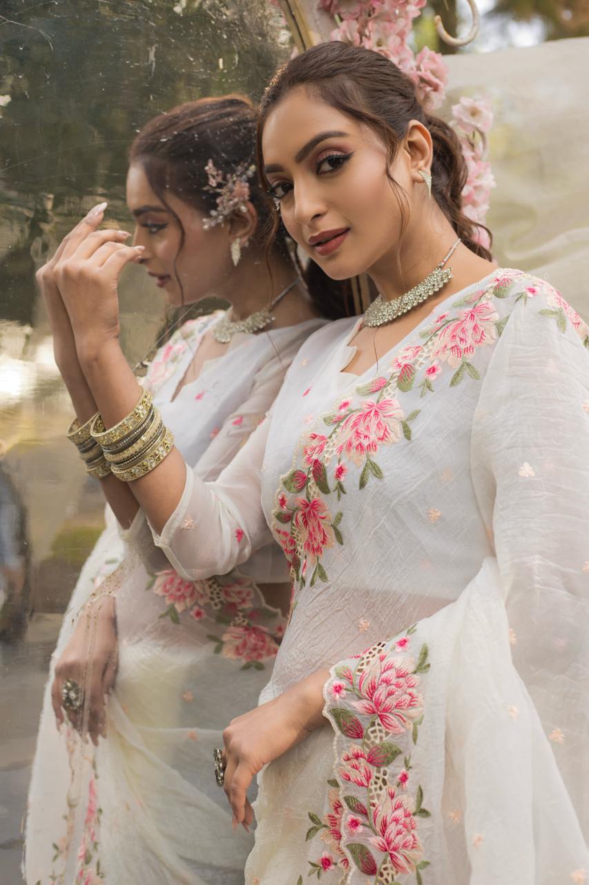 White Crush Silk Saree