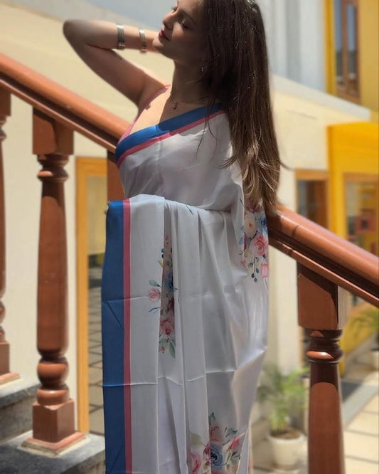 White Fancy Designer Japan Satin Silk Saree