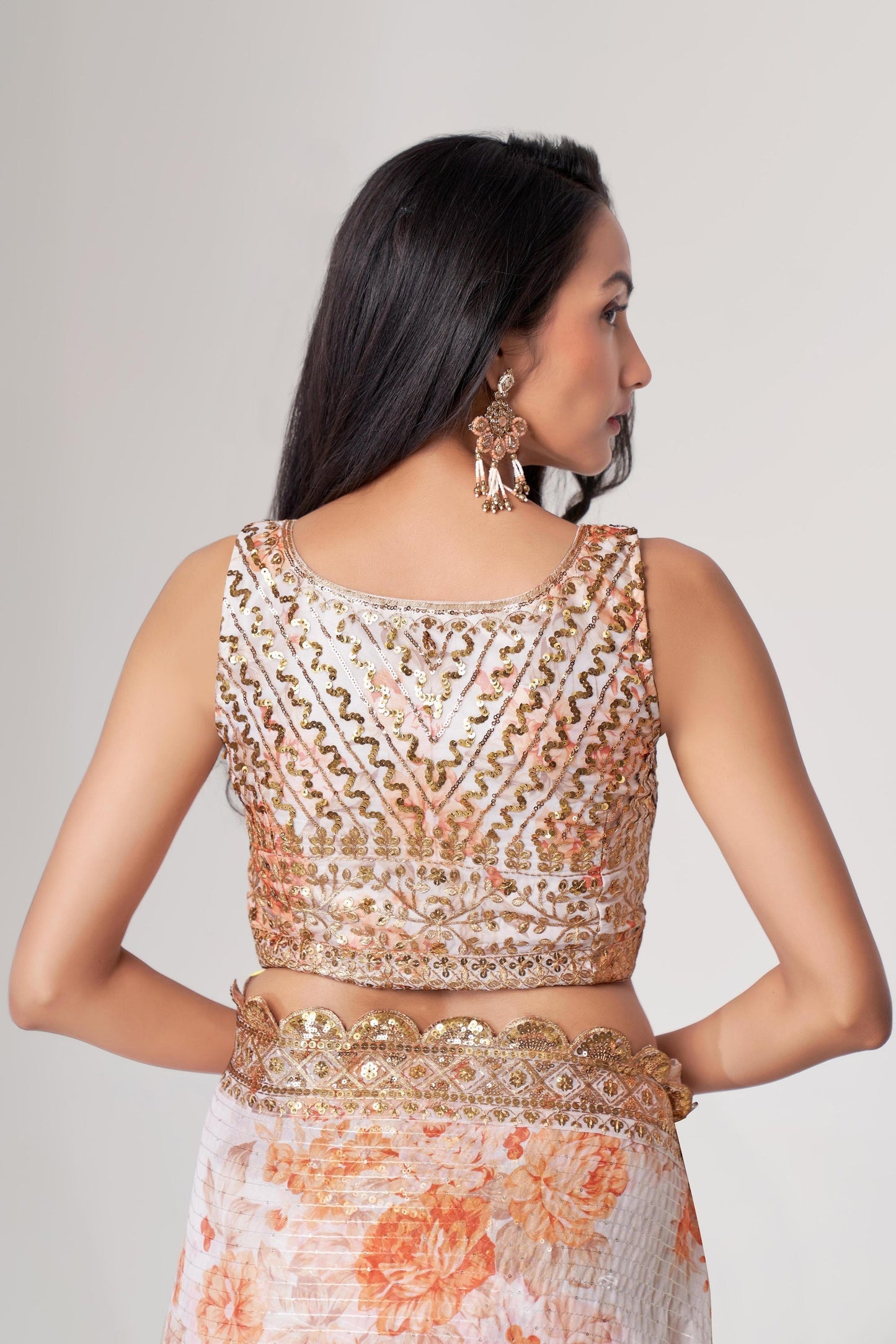 White Floral Printed Organza Saree With Blouse | 100% Original Saree