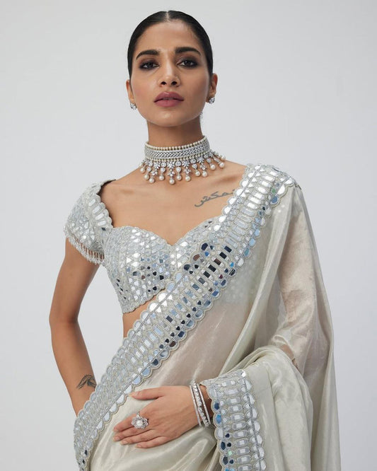 White Party Wear Satin Organza Silk Saree