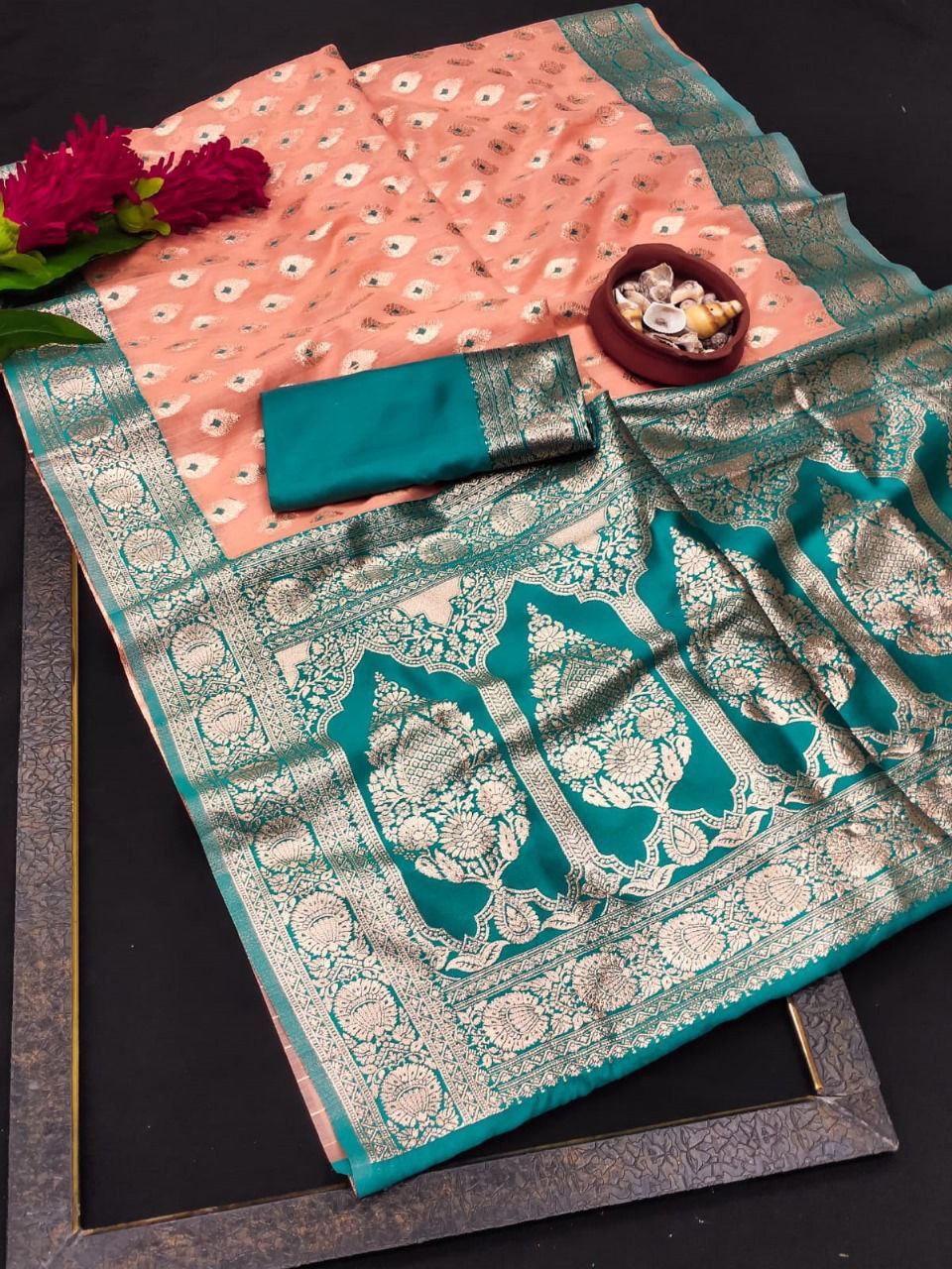 Peach Pure Linen Banarasi Silk Saree