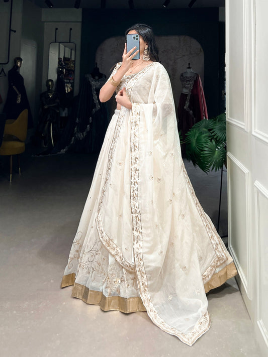 White Wedding Wear Silver Glossy Lehenga