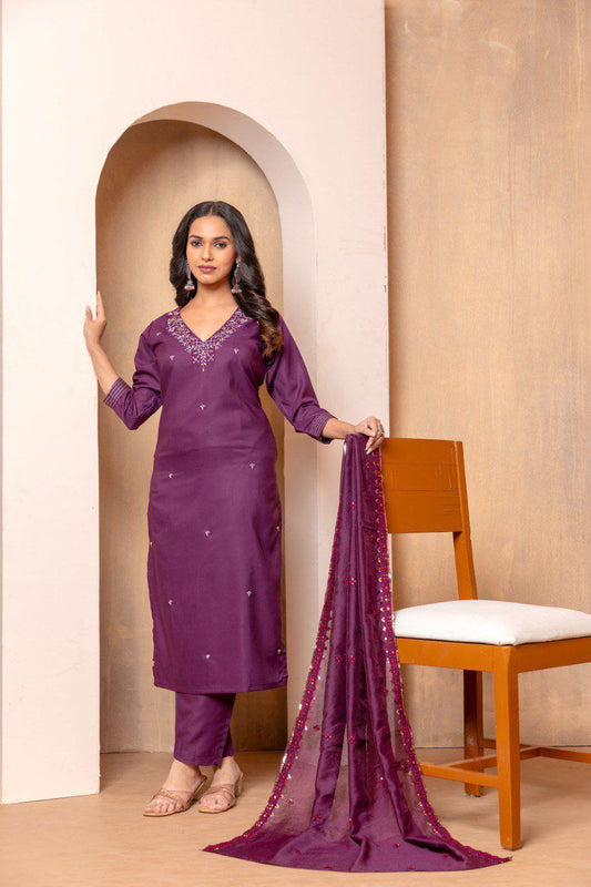 Wine Designer Chanderi Cotton Kurta Pant With Dupatta