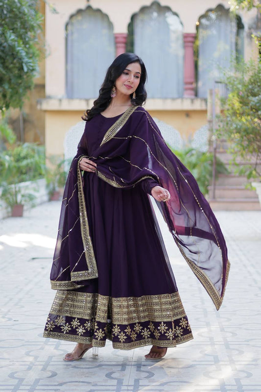 Wine Designer Georgette Gown With Dupatta