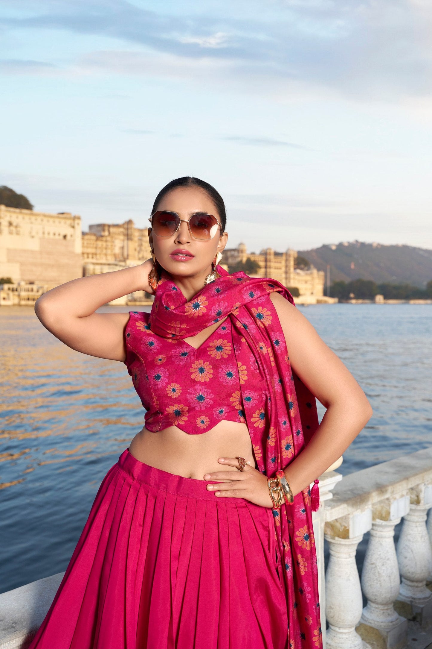 Pink Floral Printed Tussar Silk Lehenga