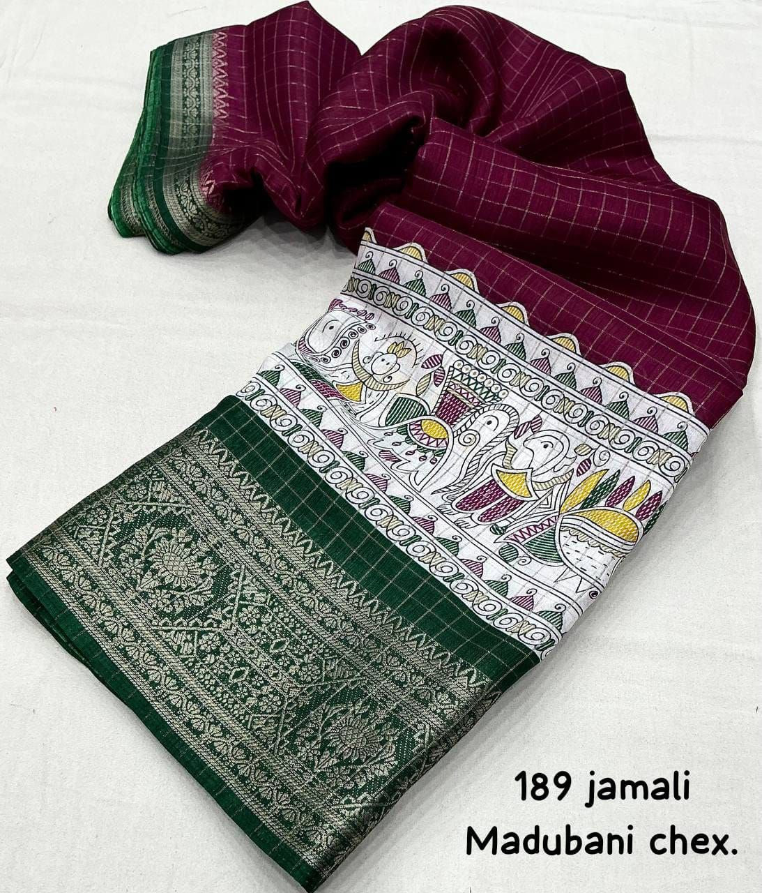 Wine Madhubani Printed Cotton Crape Chex Saree