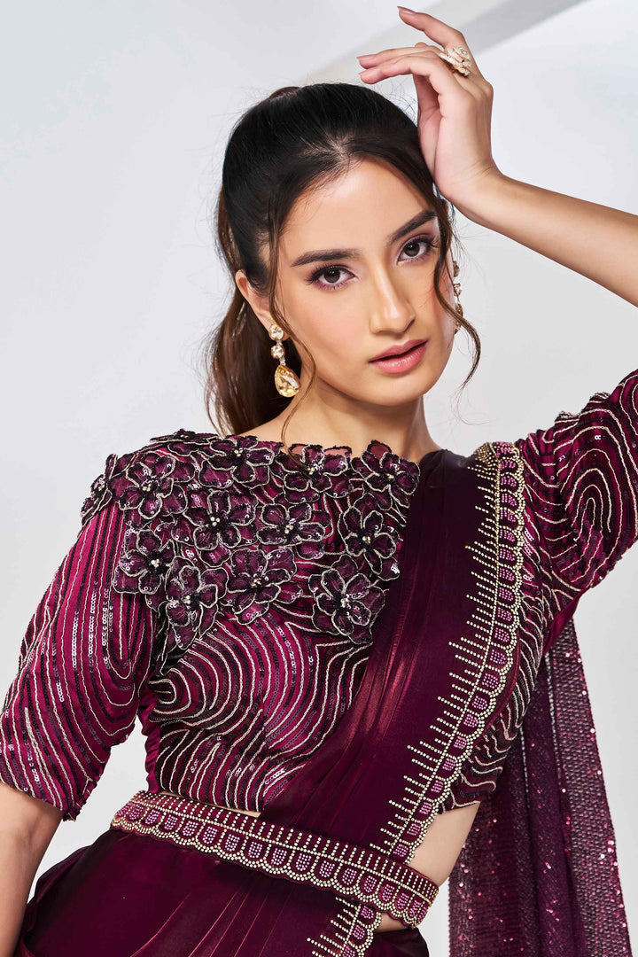 Wine Stylish Ready Made Satin Silk Saree With Belt | Original Saree