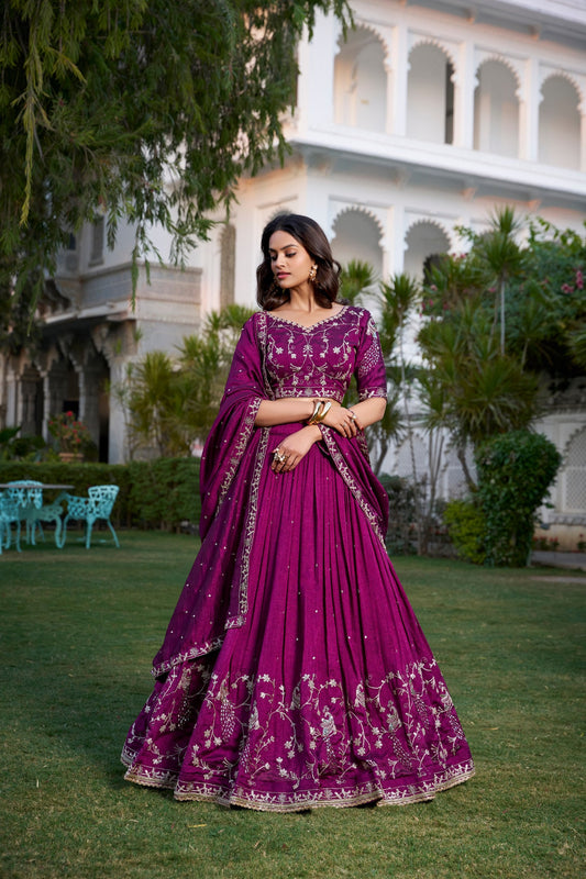 Wine Vichitra Silk Lehenga For Wedding