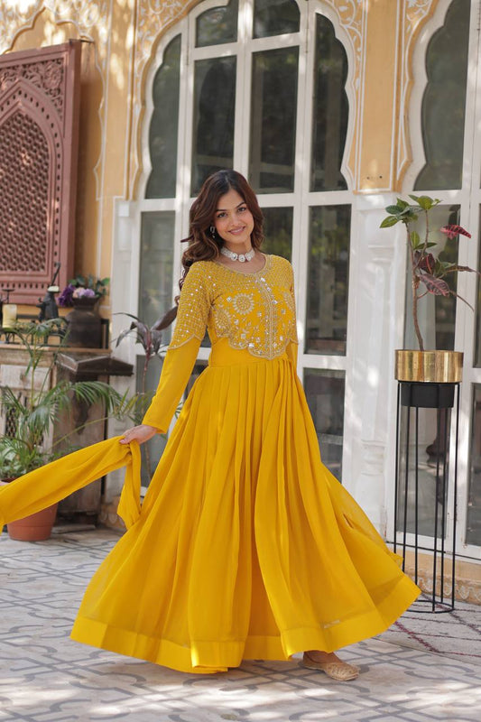 Yellow Designer Georgette Gown With Dupatta