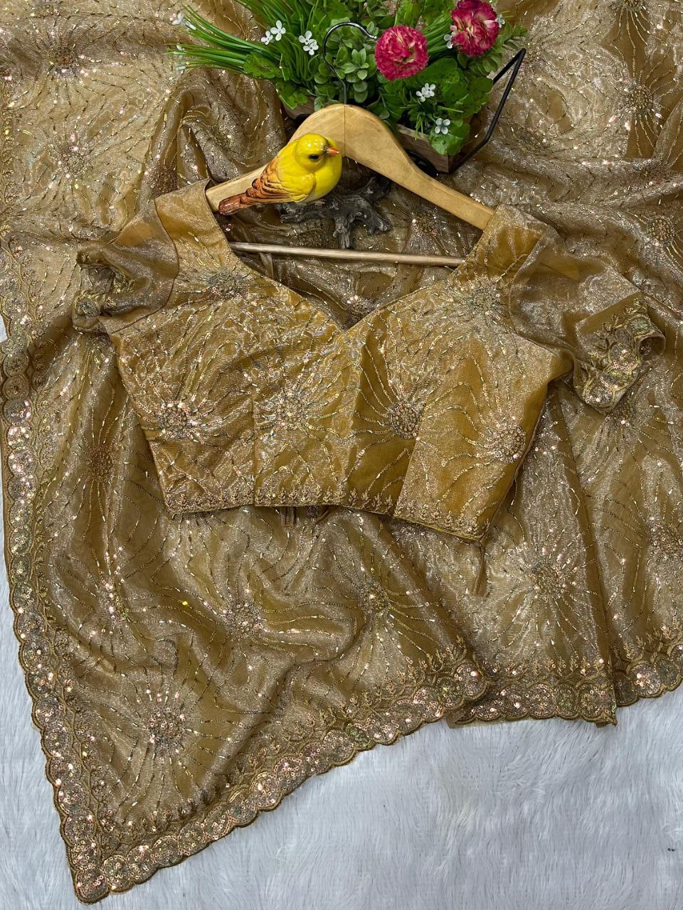 Yellow Designer Twill Net Saree