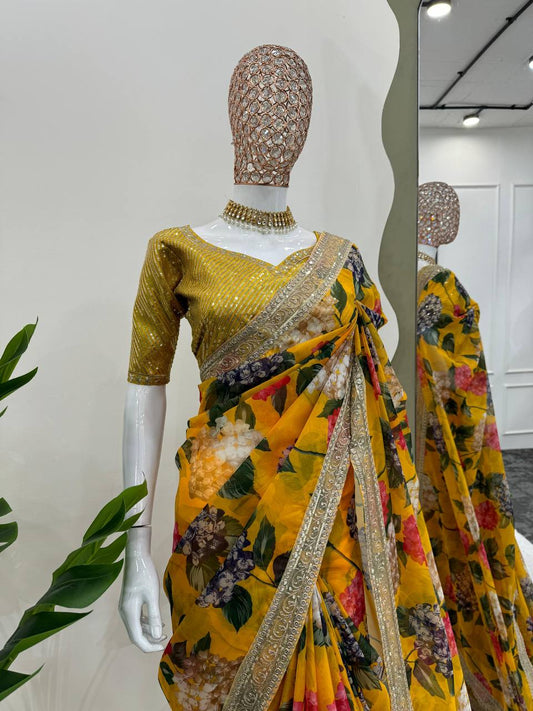 Yellow Heavy Tabby Silk Saree