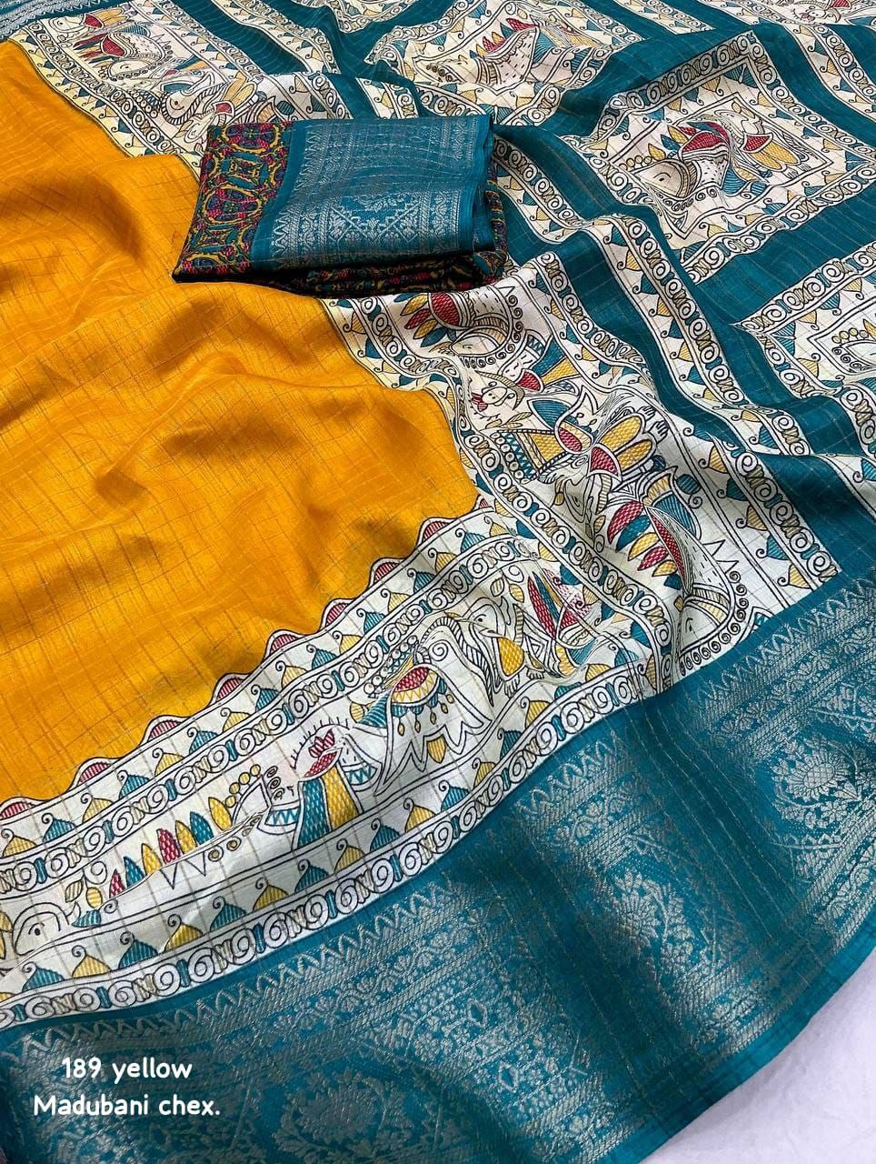 Yellow Madhubani Printed Cotton Crape Chex Saree