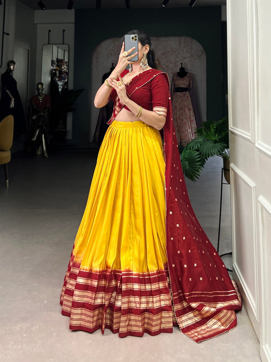 Yellow & Maroon Designer Chanderi Lehenga