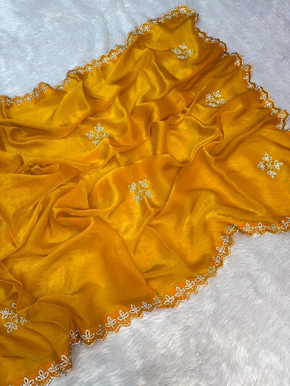 Yellow Party Wear Fandy Satin Silk Saree
