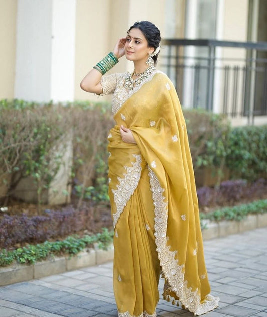 Yellow Party Wear Tabby Silk Saree