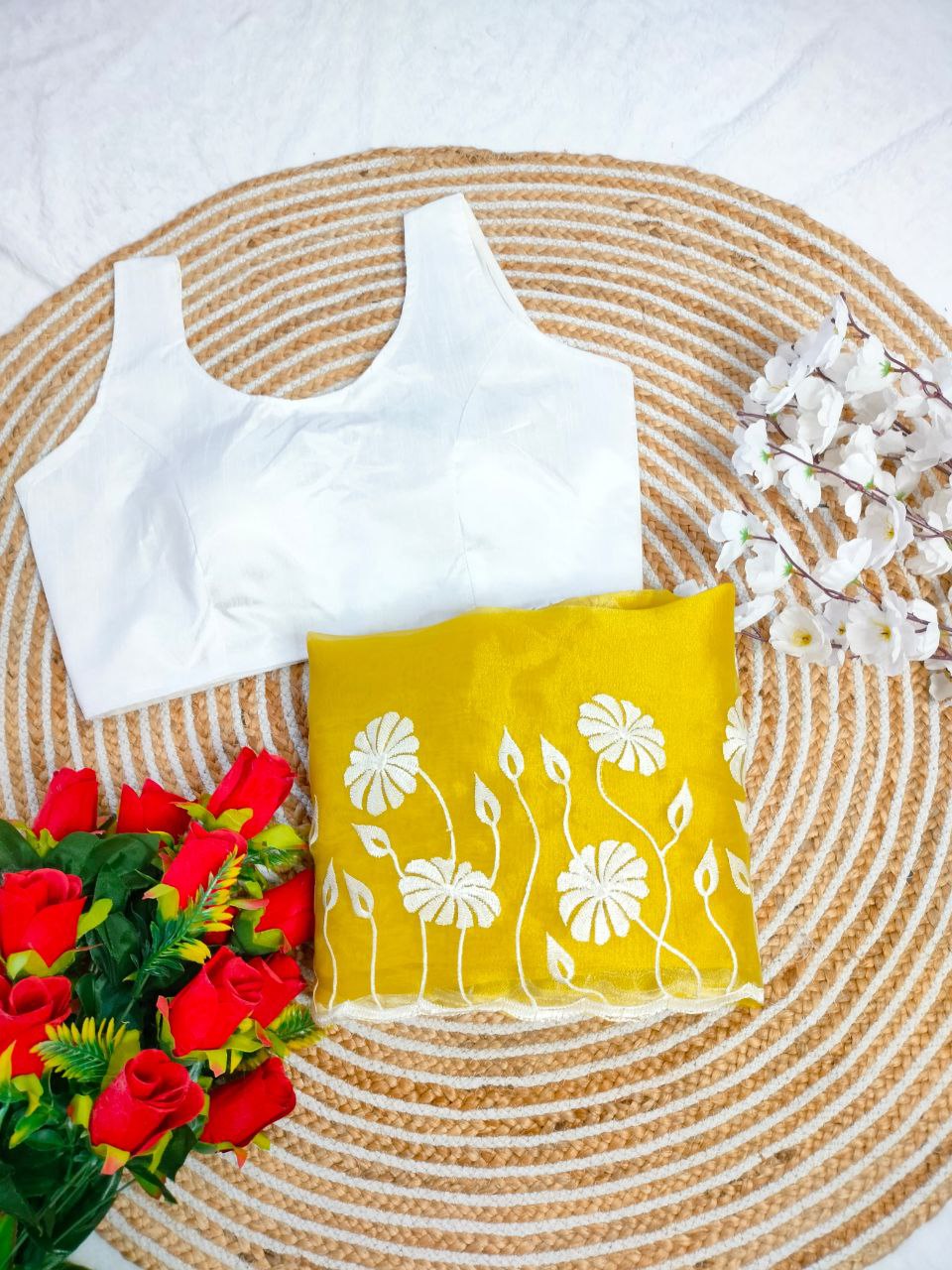 Yellow Ready Made Organza Silk Saree