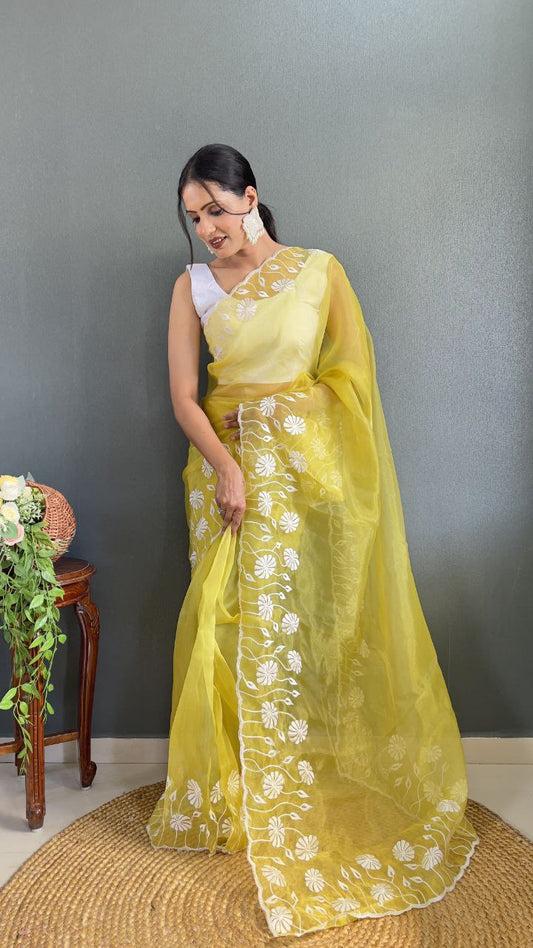Yellow Ready Made Organza Silk Saree
