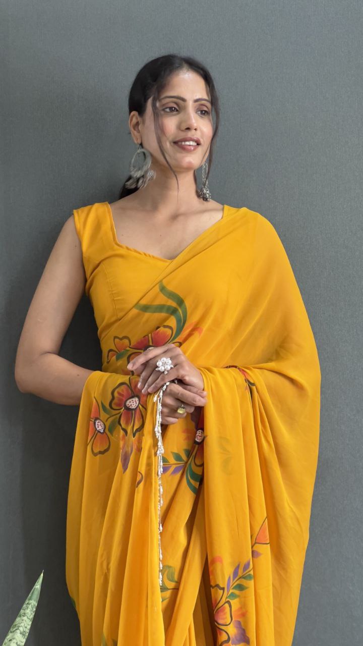 Yellow Ready To Wear Georgette Saree