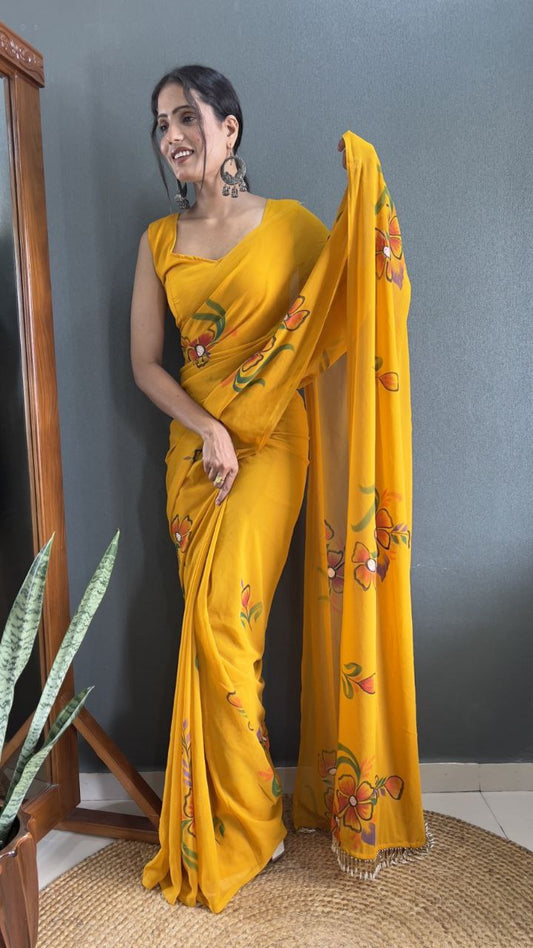Yellow Ready To Wear Georgette Saree