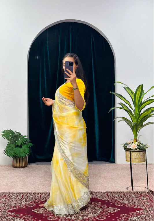 Yellow Shibori Printed Burberry Silk Saree