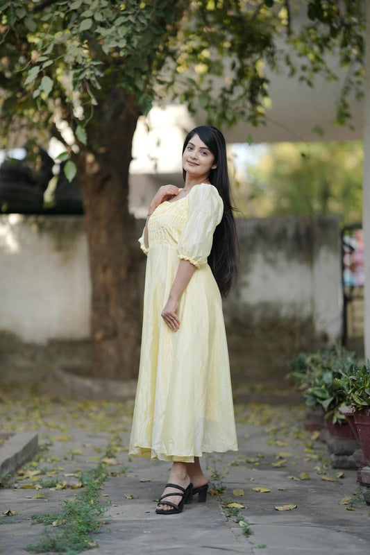 Yellow Summer Wear Chinon Flary Kurti