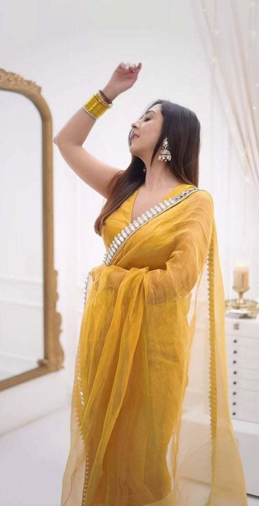 Yellow Two Tone Tissue Net Saree
