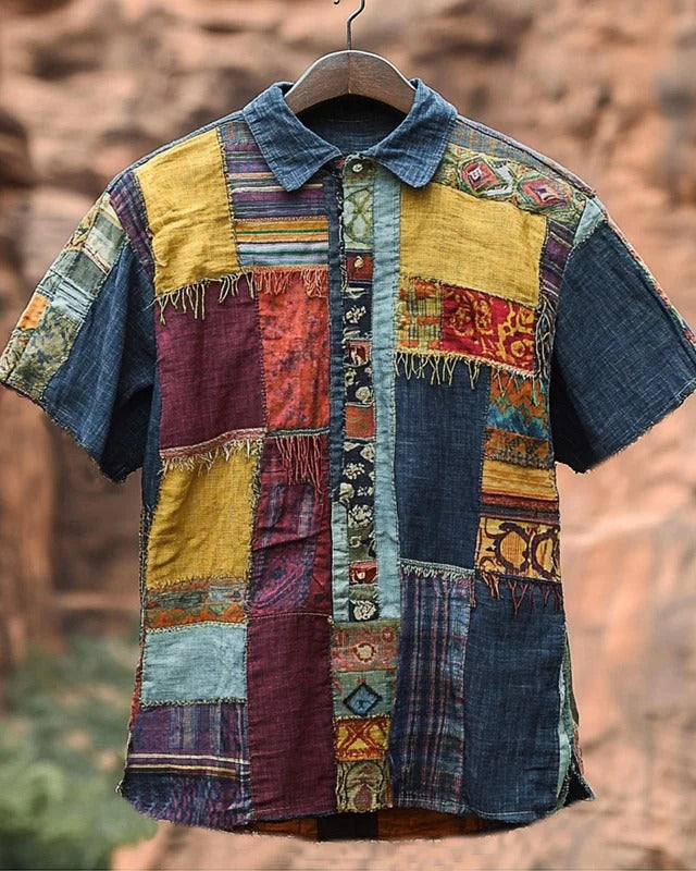 SweetChair Men's Vintage Spliced Contrasting Geometric Linen Shirt