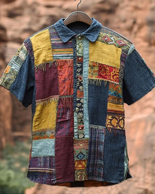 SweetChair Men's Vintage Spliced Contrasting Geometric Linen Shirt