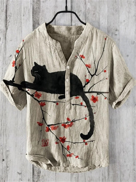 SweetChair Black Cat & Plum Blossom Japanese Art Linen Shirt