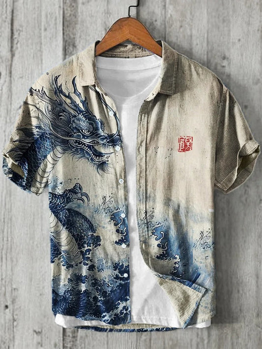 SweetChair Ancient Dragon & Sea Waves Japanese Art Linen Shirt