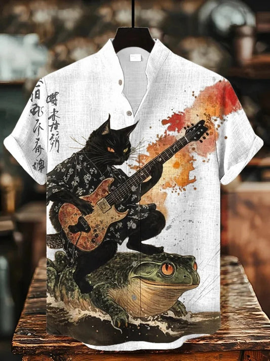 SweetChair Men's Black Cat Riding On Toad Playing Guitar Print Shirt