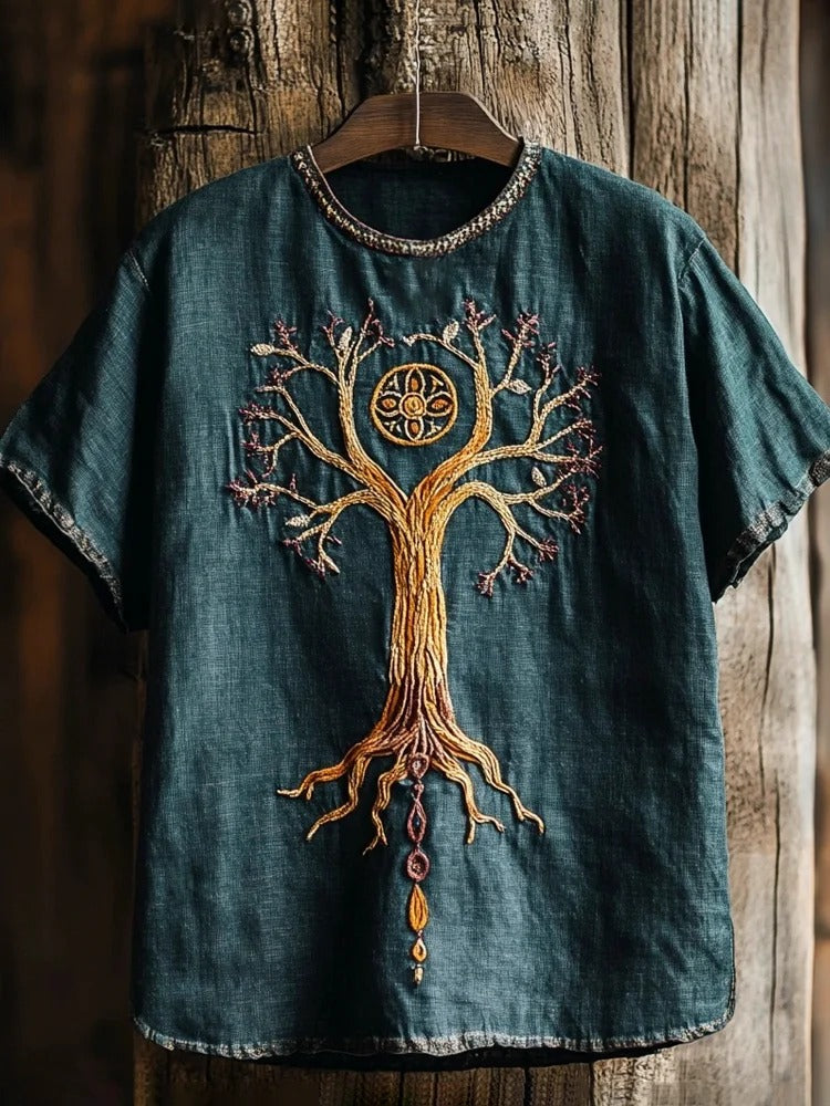 SweetChair Men's Viking Tree of Life Embroidered Art Linen T-shirt