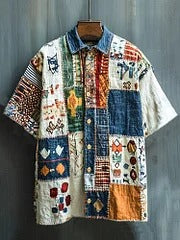 SweetChair Men's Vintage Spliced Contrasting Geometric Linen Shirt