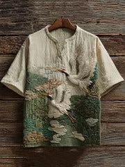 SweetChair Men's Vintage Cranes & Bamboo Japanese Art Embroidery Shirt
