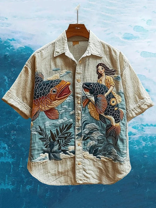 SweetChair Men's Embroidered Sea Life Mermaid Hawaiian Shirt