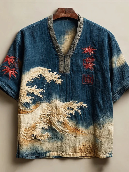 SweetChair Vintage Japanese Maple & Wave Art Men's Linen Shirt