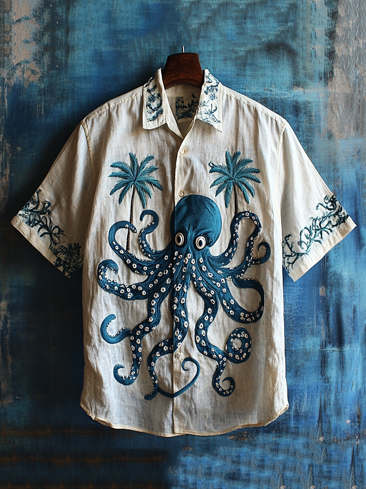 SweetChair Men's Embroidered Octopus & Coconut Tree Hawaiian Shirt
